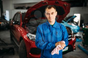 Mechanic wipes his hands after repairing the car, motor diagnostic. Vehicle with opened hood on background, auto-service