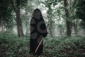 Death in a black hoodie and with a scythe in the dark misty forest. Horror style, fear, spooky demon