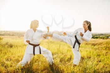 Two female karate in kimono fight in summer field. Martial art fighters on workout outdoor, technique practice