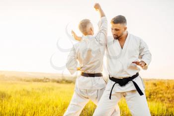 Two karate fighters, training fight in action, summer field on background. Martial art fighters on workout outdoor, technique practice