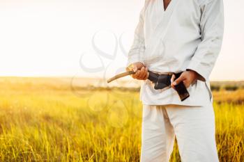 Male karate fighter in white kimono with black belt, summer field on background. Martial art training outdoor