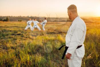 Karate master looks at the training of his class, summer field on background. Martial art school on workout outdoor, technique practice