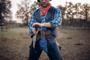 Cowboy with revolver, front view, gunfight on texas ranch, western. Vintage male person with gun, wild west adventure