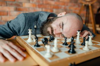 Tired male chess player sleeping on the board. Chessplayer playing, intellectual tournament indoors. Chessboard on wooden table, strategy game