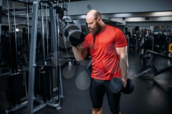 Muscular athlete doing exercise with dumbbells in gym. Bearded man in sport club, healthy lifestyle