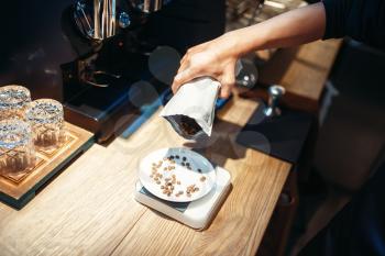Barista hand pours coffee beans into the plate standing on scales, wooden counter on background. Professional espresso preparation by bartender in cafeteria