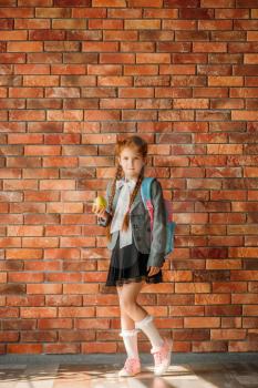 Cute schoolgirl with schoolbag holds stack of textbooks, brick wall on background. Female pupil with backpack poses in the school