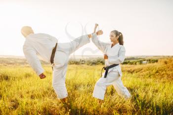 Male and female karate masters with black belts fight in summer field. Martial art fighters on training outdoor, technique practice