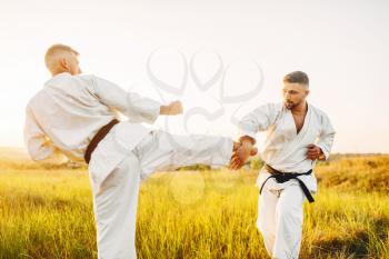 Two karate fighters, kick in the stomach in action, training fight in summer field. Martial art fighters on workout outdoor, technique practice