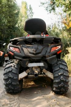 Quad bike in the forest, back view, nobody. Riding on atv, extreme sport or active travelling, quadbike adventure