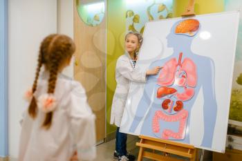 Little girls in uniform playing doctor at the poster with human organs, playroom. Kids plays medicine worker in imaginary hospital, profession learning, childish dream