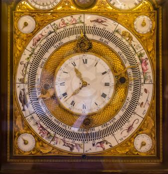 Ancient clock with jewels in museum, Europe, nobody. Old european style, famous places for travel and tourism