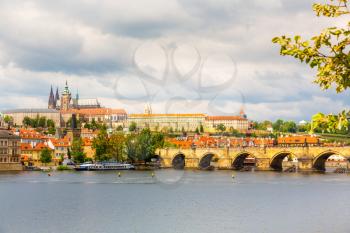 Side view of Charles bridge, Prague, Czech Republic. European town, famous place for travel and tourism