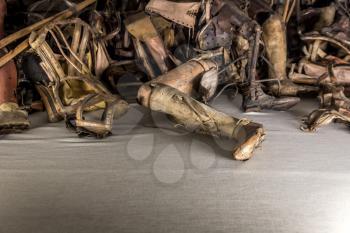 Dentures, crutches of victims, German concentration death camp Auschwitz II, Birkenau, Poland. Museum of prisonres of the nazi genocide of the Jewish people