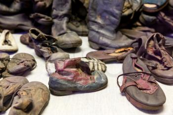 Children's shoes of victims, German concentration death camp Auschwitz II, Birkenau, Poland. Museum of prisonres of the nazi genocide of the Jewish people