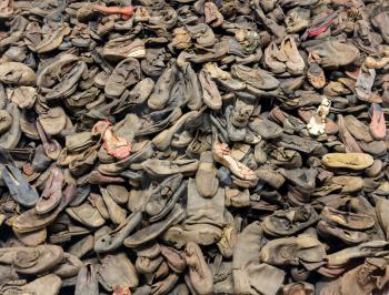 Shoes of victims, German concentration death camp Auschwitz II, Birkenau, Poland. Museum of prisonres of the nazi genocide of the Jewish people