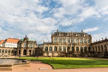 Galleries and museums in Dresdner Zwinger, view on fountain. Late Baroque and neo-Renaissance architectural complex with internal garden