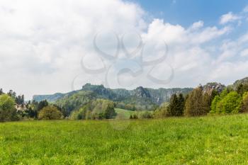 Rocky mountains valley and meadow, Europe nature. Summer tourism and travels, famous european landmark, popular places