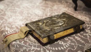 Ancient book with metal clasp in museum, Europe, nobody. Old european architecture and style, famous places for travel and tourism