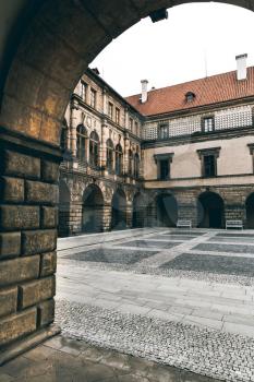 Ancient stone castle courtyard, nobody, Europe museum. Medieval european architecture