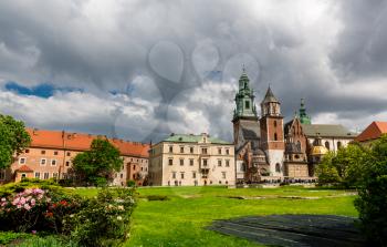 Courtyard lawn in Wawel castle, Krakow, Poland. European town with ancient architecture, famous place for travel and tourism
