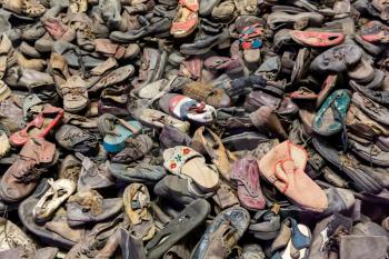 Shoes of victims, German concentration death camp Auschwitz II, Birkenau, Poland. Museum of prisonres of the nazi genocide of the Jewish people