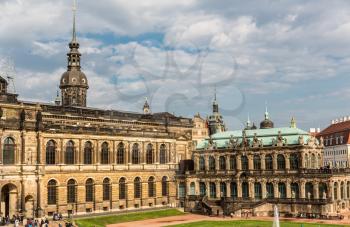 Galleries and museums in Dresdner Zwinger, facade view. Late Baroque and neo-Renaissance architectural complex with internal garden