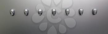 Different human emotions, sculptural mask on the wall, front view. Emotion concept, face models
