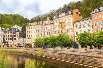 City river and old buildings, Karlovy Vary, Czech Republic, Europe. Old european town, famous place for travel and tourism