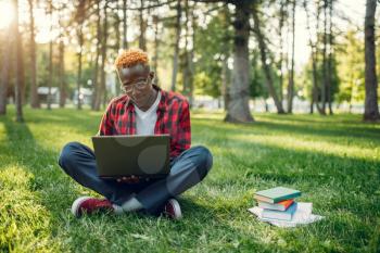 Black student with laptop sitting on the grass in summer park. A teenager studying and leisures outdoors