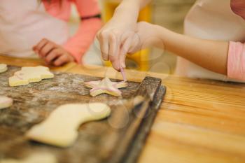 Two little girls cooks cover the cookies with a sweet layer, bakery preparation on the kitchen, funny bakers. Kids cooking pastry, children chefs preparing cake
