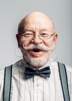 Portrait of smiling elderly man in a bow tie and glasses, grey background. Mature senior looking at camera in studio