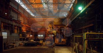 Interior of steel factory, metallurgical or metalworking industry, industrial manufacturing of production on mill