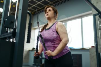 Overweight woman doing stretching exercise in gym, active training. Obese female person struggles with excess weight, aerobic workout against obesity, sport club