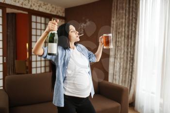 Pregnant woman with belly smoking and drinks wine at home. Pregnancy and bad habits, unhealthy lifestyle in prenatal period. Ugly expectant mom, health damage