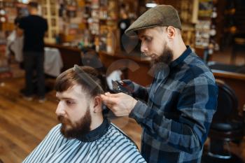 Barber holds comb and cuts the client 's hair. Professional barbershop is a trendy occupation. Male hairdresser and customer in retro style hair salon