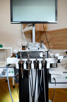 Digital ENT combine, otolaryngology equipment, nobody. Professional diagnostic, otoscope, insufflator and aspiration system, laryngology tools