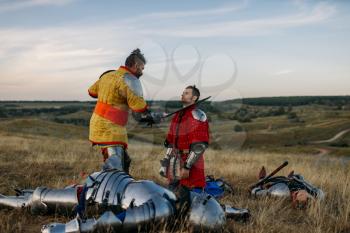 Old medieval knight in armor prepares to cut off head, great battle. Armored ancient warrior in armour posing in the field