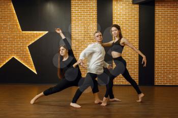 Contemporary dance performers posing in studio. Dancers training in class, modern ballet, elegance dancing, stretching exercise