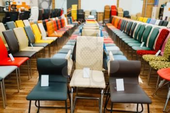 Rows of different chairs in furniture store showroom, nobody. Seats samples in shop, goods for modern home interior