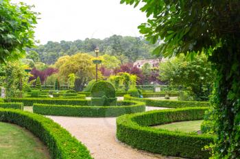 Figures from the bushes in different shapes, summer park in Europe. Professional gardening, european green landscape, garden plants decoration