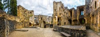 Old castle ruins, ancient stone building, Europe, panorama. Traditional european architecture, famous places for tourism
