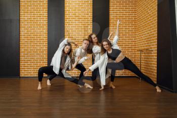 Contemporary dance group poses in studio. Female and male dancers training in class, modern grace dancing