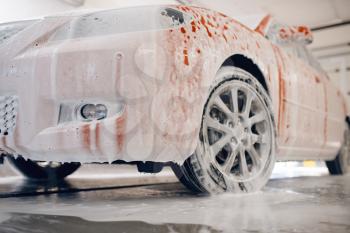 Automobile in foam, car wash service, nobody. Automobile on carwash station, car-wash business concept
