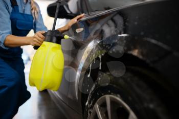 Female washer with wax spray cleans automobile, waxing on car wash service. Woman washes vehicle, carwash station, car-wash business