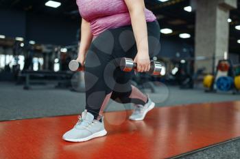 Overweight woman doing exercise with dumbbells in gym, active training. Obese female person struggles with excess weight, aerobic workout against obesity