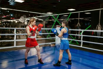 Women in gloves boxing on the ring, box workout. Female boxers in gym, kickboxing sparring partners in sport club, punch practice