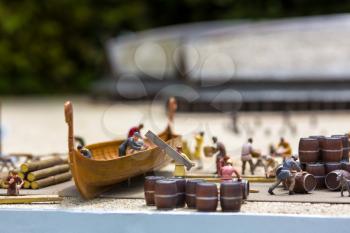 Viking settlement miniature outdoor, shipbuilders, europe. Ancient european village, medieval Scandinavia, traditional scandinavian architecture, diorama