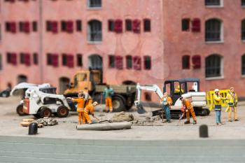 Construction site, machinery and builders, miniature scene outdoor, europe. Mini figures with high detaling of objects, realistically diorama