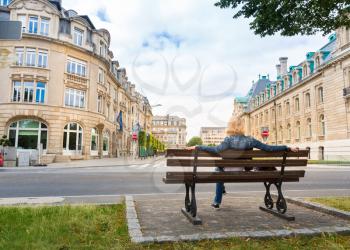 Bench on street, ancient European tourist city. Traditional architecture. Summer tourism and travels, famous europe landmark, popular places for vacation tour or holidays